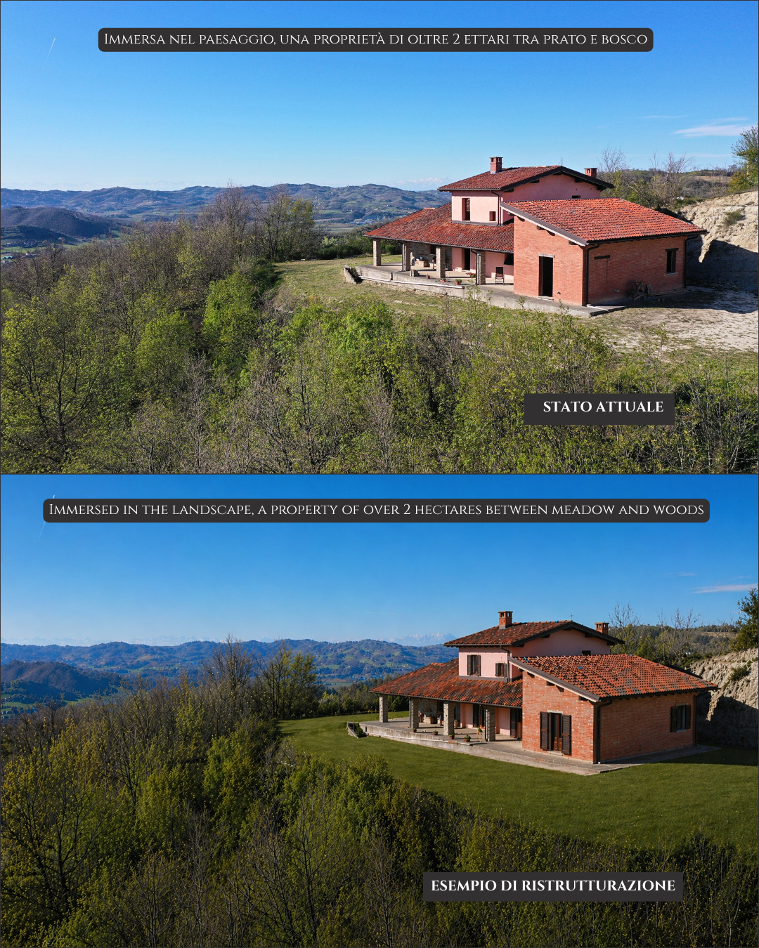 Panoramic Villa in Monferrato with Over 2 Hectares of Private Land – Rare Opportunity to Complete and Customize